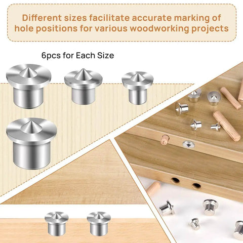 Pro Grade Woodworking Dowel Pin Set With 24 Centering Pins In 6 8 10 12 Mm And 75 Dowel Pins In 6 8 10 Mm including metal centering pins displayed on wood surface.