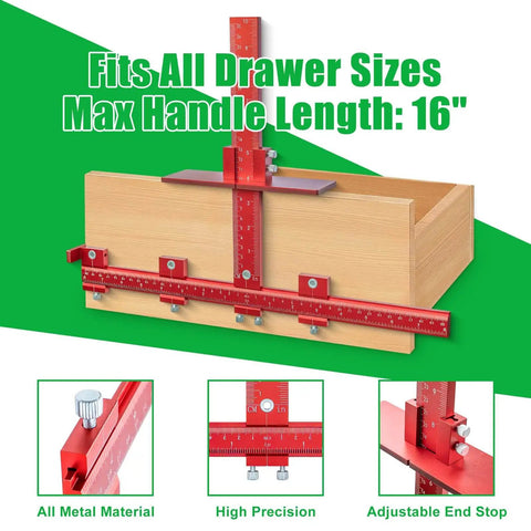 Built Tough Aluminum Cabinet Handle Jig For Precise Drawer Pull Installations With 50 Percent Thicker Frame And Dual Screw Lock Drill Guide Template Tool For Fast Accurate Drawer Knob Holes And Alignment showing 16-inch range, CNC precision