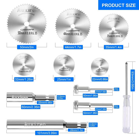 All-In-One Rotary Drill Saw Blade Kit With Six High Speed Steel Cutting Discs And Four Shanks Including Hex And Round Options Plus Screwdriver