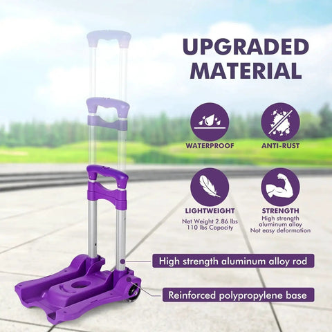 Heavy Duty Folding Hand Truck With Adjustable Height For Luggage And Moving, 110 LB Capacity, shown outdoors, purple color.