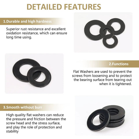 Heavy Duty Black Zinc Plated Steel Flat Washers Set With Fender Washers And Lock Washers 800 Pieces In Seven Sizes M3 M4 M5 M6 M8 M10 M12 Kindroufly Assortment Kit features and uses details