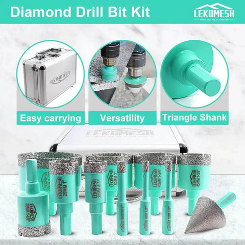 Pro Grade 11pc Diamond Core Drill Bits Set Tile Hole Saw Kit with 35mm Chamfer Bit shown with storage case and various bits