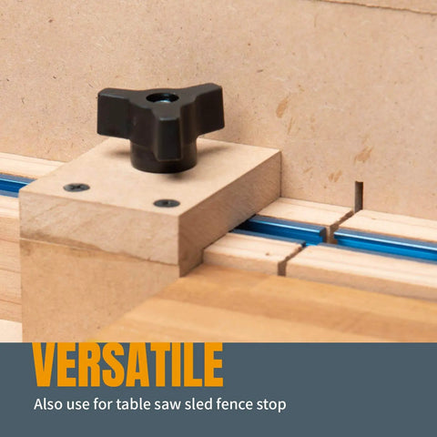 Woodworking T Track Knob Kit 36 Piece Set With 1/4-20 Threads showing a installed knob on jig for miter slots