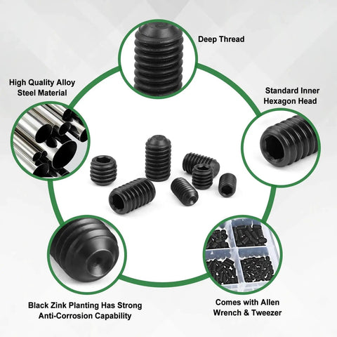 1305-Piece Set Screw Kit With 26 Sizes, Metric M3 To M8 And SAE 1/8-40 To 5/16-18 Internal Hex Headless Allen Screws