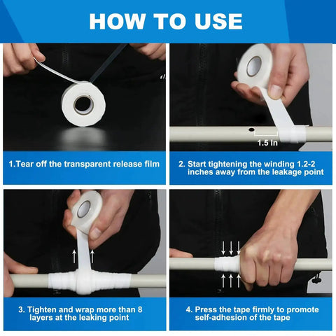 Instructions for using Self-Fusing Silicone Tape 1in x 10ft No Mess No Glue Needed Heavy Duty Leak Proof Sealing Tape on pipes.