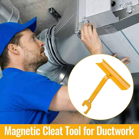 Technician using 6 Inch Magnetic Cleat Tool For HVAC Ductwork TDC TDF Clips Fits In Tight Spaces Pro Grade Sheet Metal Duct Clip Tool Yellow