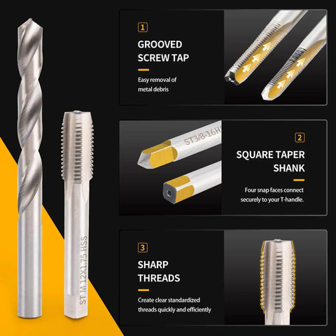 All In One Helicoil Thread Repair Kit, Metric 131 Piece Set With HSS Drill Bits, Thread Inserts, Taps shown with grooved screw tap