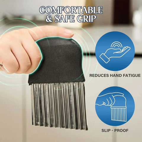 Person holding a Stainless Steel Crinkle Cutter For Fries And Veggies Large Wavy French Fry Slicer With Non Slip Handle