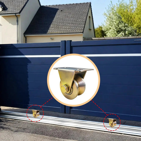 4 Pack Beefy 2 Inch V Groove Casters installed on sliding gate for smooth glides, heavy machinery support, industrial utility use