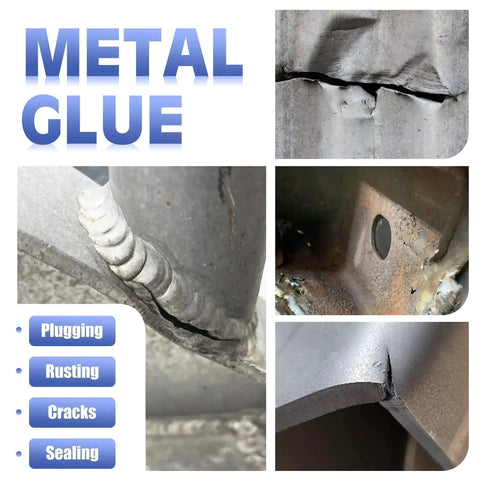 Heavy Duty Metal Glue Epoxy Adhesive 3.4 oz For Stainless Steel Aluminum Ceramics Plastics Waterproof And Heat Resistant Bonding And Liquid Metal Repair Filler Weld Like A Pro For DIY Projects And Foundry Grade Fixes applied to metal surfaces with visible plugging, rusting, cracks, and sealing.