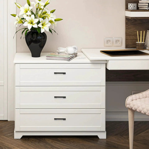 White dresser with 3 inch wide foot cabinet pulls 10 pack matte black cabinet handles, placed in a modern room with flowers on top.