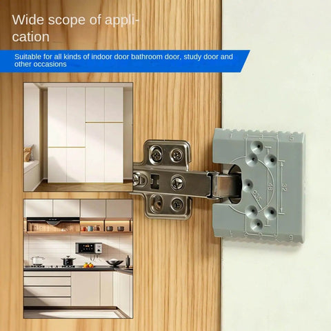 Door Hinge Router Jig With Adjustable Mortise Guide And 2mm Precision Groove installed on wooden cabinet door
