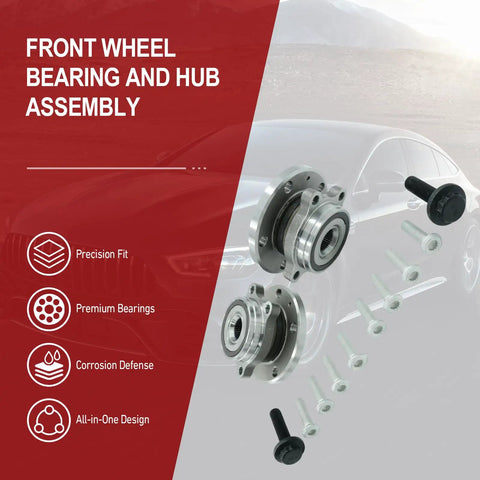 Two Front Wheel Bearing Hub Assemblies Compatible With Volkswagen Golf GTI Passat Jetta Beetle Eos CC R32 Rabbit And Audi A3 TT Quattro Q3 Models From 2005 To 2022 Drop In Front Hub Replacement Kit With Superior Fitment And Longevity Ready To Roll, shown with components