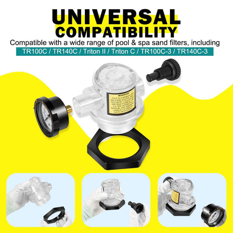 Manual air relief valve with pressure gauge for pool filter systems; transparent body, yellow safety label, black mounting base.