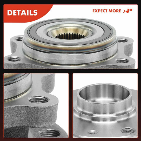 Close-up of Bolt On Front Wheel Bearing And Hub Assembly For Volkswagen And Audi Fits Jetta Passat Golf GTI Eos Beetle CC Tiguan TT A3 And More Front Axle Replacement Wheel Hub, showing metal construction and 4-bolt flange.