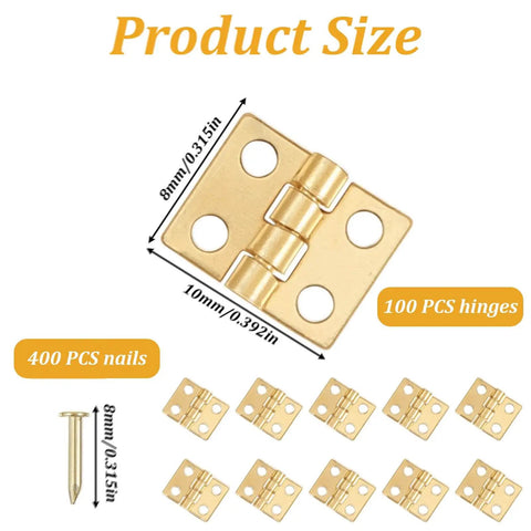 Gold Copper Mini Hinges For Crafts Pack Of 500 With Matching Screws, Tiny Yet Boss Hinges For Dollhouse Jewelry Box And Miniature DIY Projects, Premium Gold Plated Copper Hardware By Elegaperma showing hinge sizes and screws