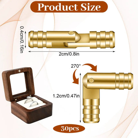 Concealed Gold Barrel Hinges Set 30 Pcs Brass Hidden Hinges For Jewelry Boxes Cabinets Small Woodworking Projects DIY Crafts Invisible Hardware For A Slick Clean Look with product dimensions 0.4cm x 2cm and 1.2cm at 270° angle shown next to a jewelry box.