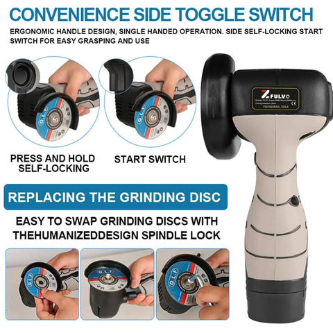 Cordless Angle Grinder Kit 19500 RPM With Two 16.8V 2000mAh Batteries shown with side toggle switch and grinding disc replacement.