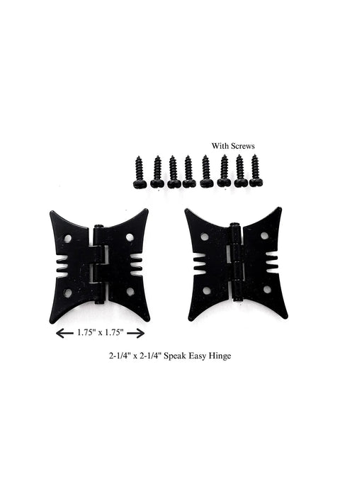 Rustic Speak Easy Door Latch And Decorative Hinge Kit with hinges and twelve black mounting screws, Old West Tavern style.