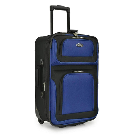 New Yorker Lightweight Expandable Rolling Luggage Set By U S Traveler blue suitcase with tear resistant fabric and spinner wheels