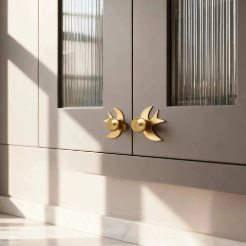 Solid Brass Gold Cabinet Knobs 4 Pack With Swallow Backplates on kitchen cabinet, brushed brass finish, modern dresser handles