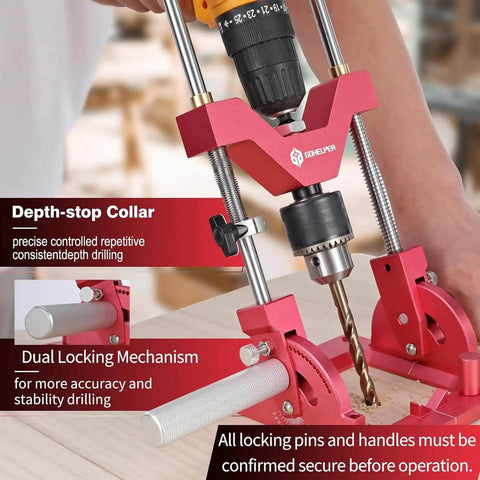 Heavy Duty Portable Drill Guide For Straight Holes And 0 To 60 Degree Angle Drilling, Drill Press Adapter For Hand Drill in use on wood