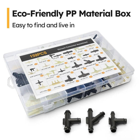 Automotive Vacuum Tubing Connector Kit With Nylon Fittings 159 Piece Assortment includes connectors in eco-friendly PP box