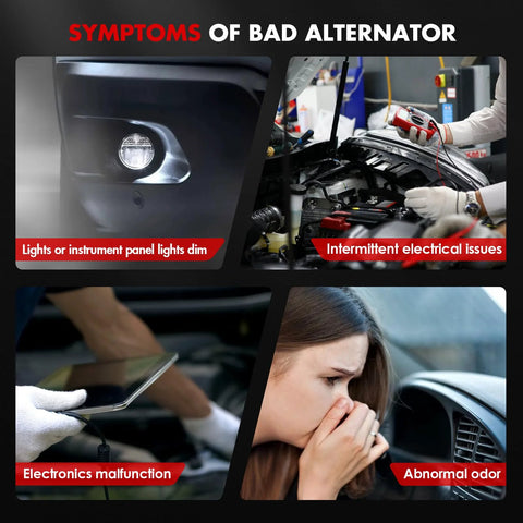 Collage showing symptoms of a bad alternator: dim lights, electrical issues, electronics malfunction, abnormal odor inside car.