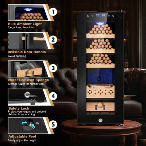 Electric Cigar Humidor Cabinet With 35L Capacity Precise Temperature And Humidity Control shown with features and Spanish cedar shelves.