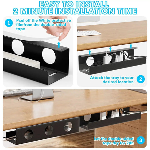 Self Adhesive Under Desk Cable Management Tray 2 Pack Steel Wire Organizer installation process