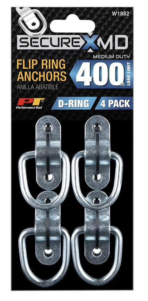 4 Pack Flip Ring Anchors With SecureX System For Cargo Security 400 Lb Load Limit And 1200 Lb Break Strength displayed in packaging