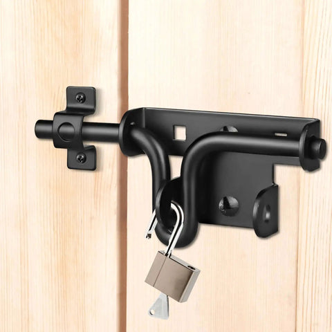 Heavy Duty Slide Bolt Gate Latch With Padlock Hole installed on wooden fence, featuring black steel, corrosion-resistant for outdoor use