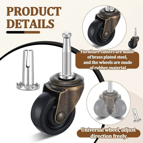Ten Pack Vintage Brass Stem Caster Wheels With 1-5/8 Inch Rubber Wheels, 1.4 Inch Stem And 0.75 Inch Socket Diameter, product details view