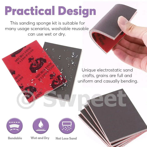 Practical design of 32 Piece Ultra Fine Sanding Sponge Pad Kit With 5 Grit Ranges From 240 To 5000 And 6 Sizes Wet Dry Sandpaper Sheets
