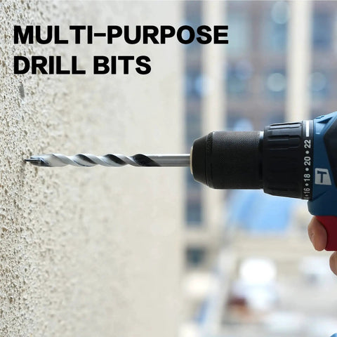 Drill in use with Industrial Grade Masonry Drill Bit Set For Brick Tile Cement Concrete, 10 Piece, Tungsten Carbide, in wall