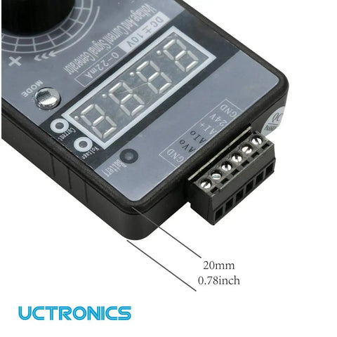 Close-up view of DC Plus Or Minus Ten Volt Output And Four To Twenty Milliamp Current Loop Signal Generator With USB Power, showing digital display and connector port.