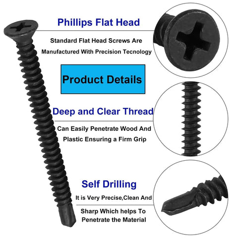 Close-up of black flat head Phillips drive self drilling screw details for 205 Pieces Black Flat Head Self Drilling Screws Set For Metal And Woodworking Phillips Drive Countersunk Self Tapping TEK Screws Sheet Metal Deck Screws Drill Point 8 Gauge To Two Inch Carbon Steel