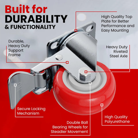 Close-up of Four Pack Swivel Plate Caster Wheels With Brakes In Red Polyurethane, highlighted features like steel axle and locking mechanism.