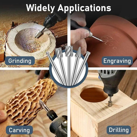 20 Piece HSS Router Bit Set for DIY Woodworking and Engraving, showing versatile applications in grinding, engraving, carving, and drilling.
