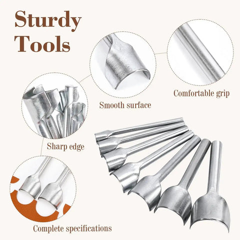 Seven Piece Leather Craft Tool Set Half Round Punches For Strap Belt Wallet Bag DIY Handwork Leatherworking Tools With Premium Steel And Sharp Edges 10 To 40 Millimeters displayed in various angles highlighting smooth surface and sharp edge.