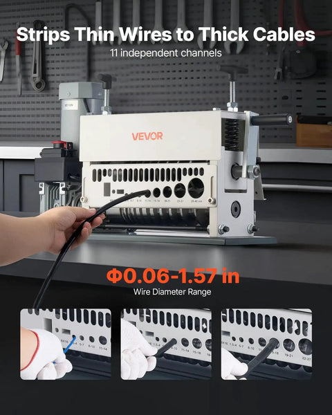 Electric Wire Stripper Workhorse with 11 feed channels showing wire input and stripping process in garage setting.