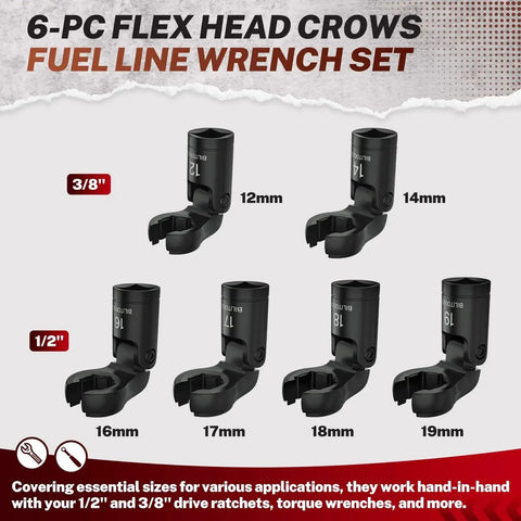 Six Piece Crow Foot Flare Nut Line Wrench Set With 12mm And 14mm On Three Eighths Inch Drive And 16mm 17mm 18mm 19mm On One Half Inch Drive