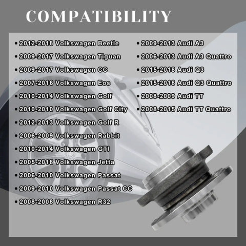 Compatibility chart with Front Wheel Bearing Hubs Assembly Pair For Audi A3 Q3 TT And VW Beetle CC Passat R32 Tiguan
