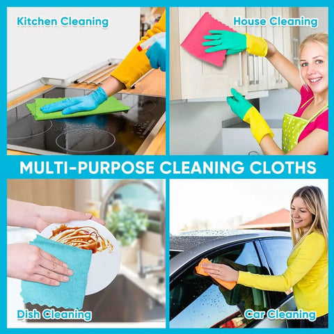 Multi-surface cleaning with Microfiber Cleaning Cloths 24 Pack Highly Absorbent Rags for Kitchen Car 12x11, used on various surfaces.