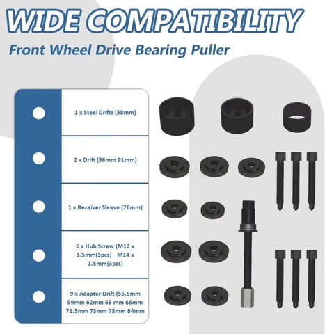 Front Wheel Bearing Tool Kit 19 Piece Set For Press And Puller Wheel Hub Bearing Removal And Installation FWD Master Set Heavy Duty Pro Grade For Easy Shop Quality Service displayed with components on layout