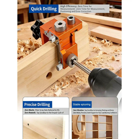 Double Hole Punch Locator Drill Positioning Jig For Woodworking, aluminum jig attached to wood with drill, precise drilling