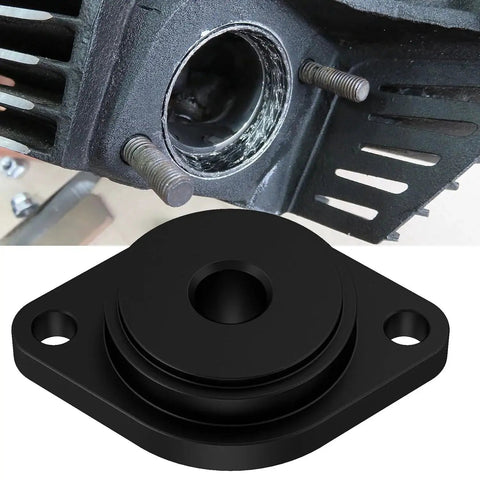 Exhaust Gasket Seal Installer Tool For Harley Evo Big Twin Twin Cam XL Engines, shown in black CNC 6061 aluminum, near gasket fitting.