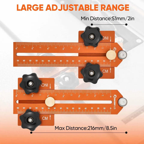 Go-To Thin Rip Jig For Table Saw And Router with adjustable range, showing measurements in inches and centimeters.