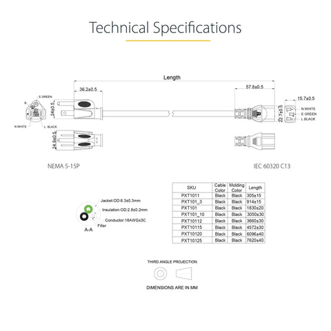 Technical specifications of 10 Ft Computer Power Cord NEMA 5-15P To C13 For Home Office Desktop Setup Printers PC Monitors 18 AWG 125V 10A Black Replacement Cable UL Listed Durable Fully Molded Strain Relief, including dimensions and material details.
