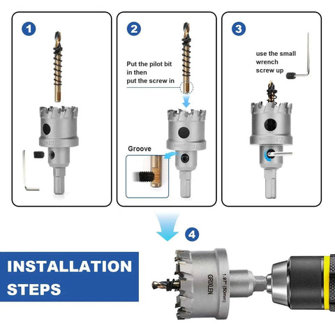 Installation steps for 1 Inch Tungsten Carbide Tip Hole Saw With M2 Pilot Bits For Hard Metal Stainless Steel And Plastic 25mm Cutting Depth